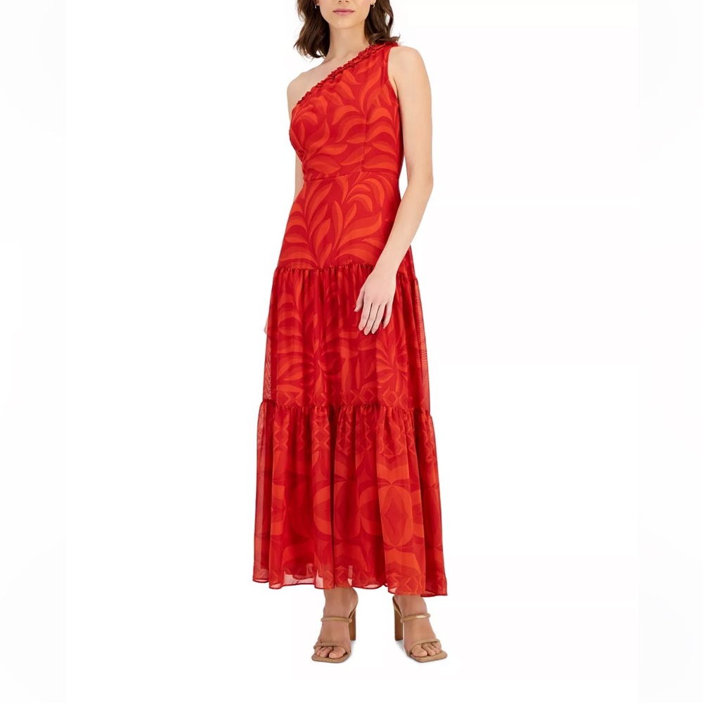 Taylor 
Cherry/ Persimon Color One-Shoulder Tiered
Maxi Dress Size 4
